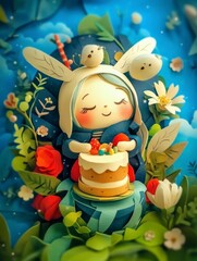 Naklejka premium Cute Fairy Papercut Art Birthday Cake Flowers Pastel Colors