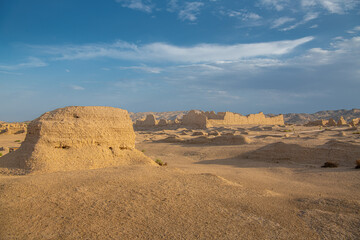 Naklejka premium The pass way through the ancient walls of ruined city of Jiaohe, Silk road, China. Xinjiang