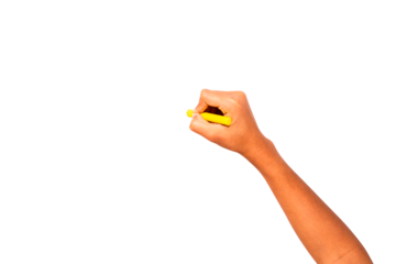 Young woman's hand holding chalk isolated on transparent background.