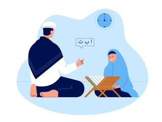 Muslim father teaching Koran to little hijab girl Illustration. Moslem illustration. Flat vector illustration concept