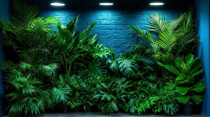 Lush Tropical Plants  Indoor Jungle  Blue Brick Wall  Green Foliage  Home Decor