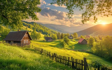 Scenic Sunrise over Bucovina, Romania Traditional Wooden Houses in Rolling Green Hills with a Wooden Fence.