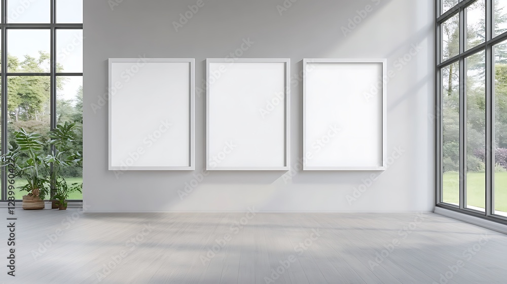Aufkleber Minimalist gallery space featuring three blank frames and large windows illuminating a serene atmosphere.