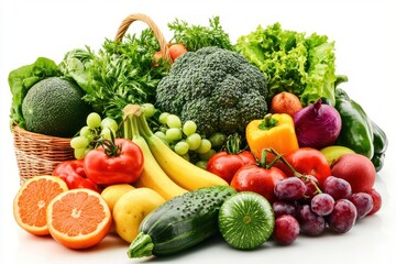 Fresh Organic Vegetables and Fruits Arranged Elegantly on White Background for Healthy Diets