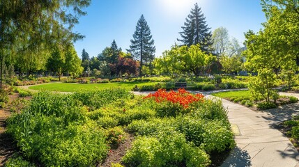 Obraz premium Scenic Park Landscape with Lush Greenery, Blooming Flowers, and Walking Path on a Sunny Day
