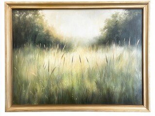 Framed Oil Painting of a Serene Meadow Landscape with Golden Light and Tall Grasses