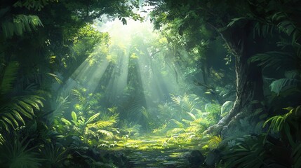 Naklejka premium Lush Tropical Rainforest with Sunbeams Illuminating the Forest Floor.