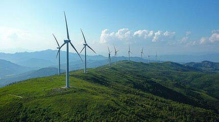 Mountaintop wind turbines, sustainable energy, green landscape, scenic view