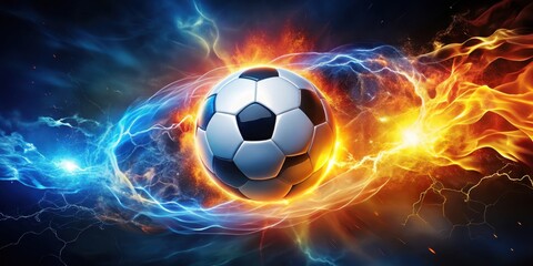 Soccer ball surrounded by a halo of flames and lightning illuminating the night sky with vibrant colors and dynamic movement