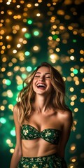 St. Patrick's Portrait of a hot looking Caucasian woman laughing joyfully, dressed in a fitted green mini skirt with a subtle Celtic pattern, and a crop top with shamrock motifs.