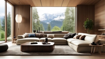 A modern living room with large floor-to-ceiling glass windows