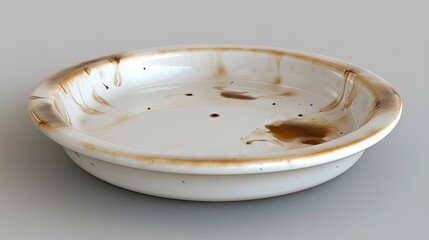 Dirty white dish, coffee stains, grey background, food waste, stock photo