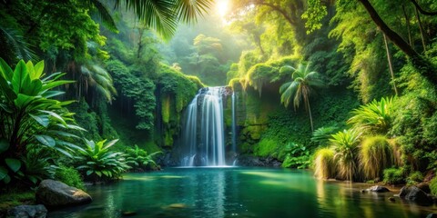 Jungle paradise with serene waterfall, tranquility, lush greenery,  tranquility, lush greenery