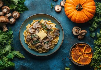 Fototapeta premium Delicious fettuccine pasta with creamy mushroom sauce, fresh herbs, and butter served with pumpkin and dried mushrooms on a blue rustic background