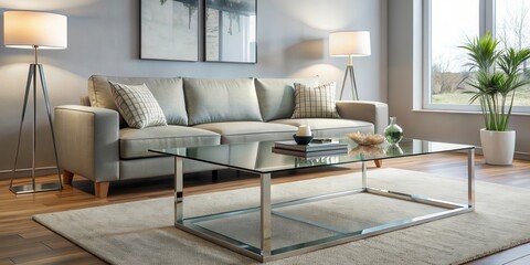A sleek, minimalist coffee table with a glass top and metal legs in a modern living room, with a floor lamp standing behind it, living room decor, coffee table