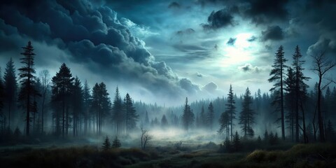 Ominous forest landscape at dusk, dark sky, mysterious,  dark sky