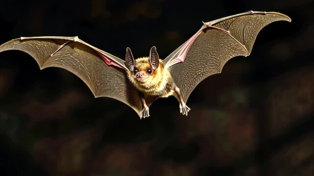 Bat with spread wings. Flying hunting animal isolated on black background