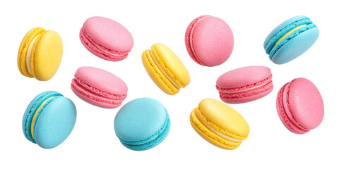 Obraz premium Colorful Flying Macaroons Set Isolated on Transparent Background Vibrant and Delicious Macaroons Soaring in the Air Isolated