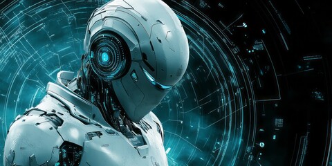 Futuristic robot looks downward against a digital background