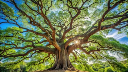 Majestic ancient tree branches stretching towards the sky in a majestic sweep , Trunk, Tree,  Trunk, Tree, Vines