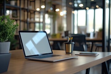 Modern laptop on office desk with plants and supplies