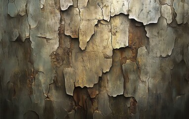 Highly Detailed Close-Up of Flaky, Textured Tree Bark with Varied Color Palette.