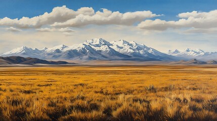 Vast golden field with snow-capped mountains under a serene sky with fluffy clouds