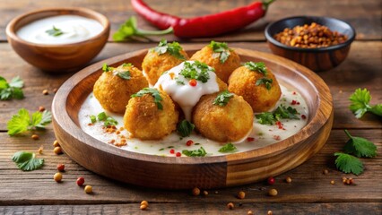 Crunchy dahi vada on a wooden plate with dollops of yogurt and garnished with coriander leaves and chili powder, delicious