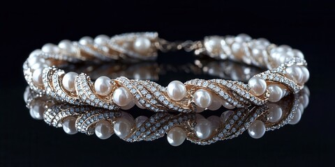 Exquisite Gold and Diamond Bracelet with Pearls on Black Reflective Surface