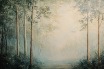 Fototapeta premium Impressionistic Oil Painting of a Misty Forest with Tall Trees and Ethereal Light.