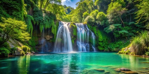 Obraz premium waterfall cascading into a crystal clear lake surrounded by lush green trees