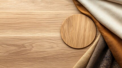 Textured fabrics and wood coaster on wooden surface minimalist decor warm tones top view