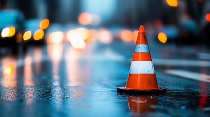Lone traffic cone on wet city street at night.