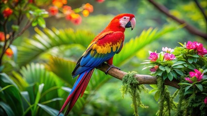 Obraz premium Vibrant parrot perched on a sturdy tree branch with lush green leaves and vibrant tropical flowers surrounding it in a lush forest setting , tropical flowers, bird