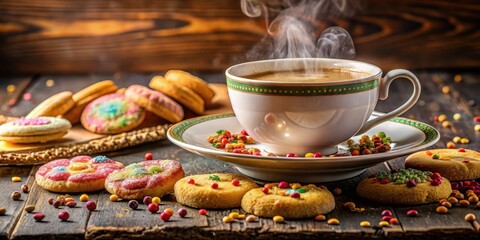 Fototapeta premium A steaming cup of aromatic coffee sits invitingly on a vintage china plate surrounded by an assortment of colorful sugar cookies and a sprinkle of golden dust, afternoon delight, sugary treats