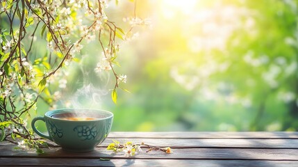 Fresh willow branches with seasonal flowers beside a steaming herbal tea, evoking nature's calm and renewal.
