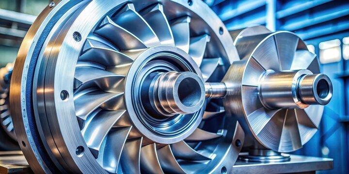 Detailed view of a rotating centrifugal pump impeller with curved blades and a central hub , engine, gear