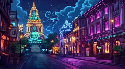 Fototapeta premium Neon-Lit Chibi Art of Khreshchatyk Street with Jade Buddha Temple