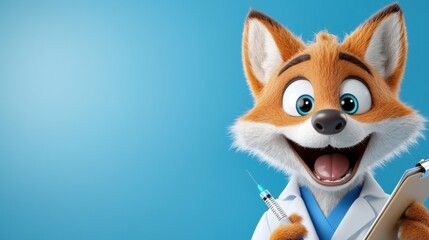 Fototapeta premium Friendly and cheerful cartoon fox character dressed as a medical doctor holding a clipboard and syringe in a blue studio setting The fox has an upbeat