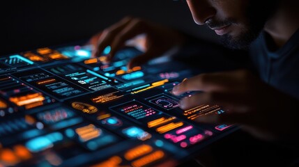 Naklejka premium Futuristic AI Powered Project Management Digital Interface with Glowing Code Analytical Dashboards and Cutting Edge Technology Showcasing the latest advancements in intelligence data visualization
