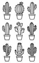 Fototapeta premium Black and white cactus icons in minimalist style. Desert plant vector collection set
