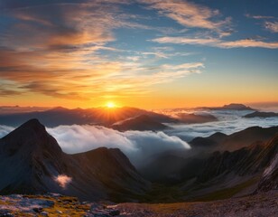 wide shoot of Sunrise Over Majestic Mountains With Vast Cloudscape Over the Mountains