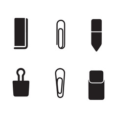 Paperclip and Office Stationery Icons Different 6 Silhouette Vector on a White Background