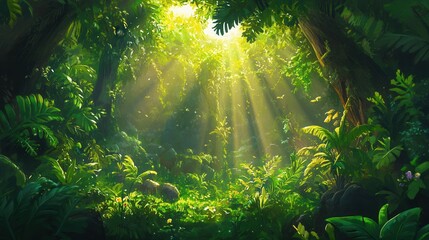 Obraz premium Lush Tropical Rainforest Scene with Sunlight Streaming Through Canopy.