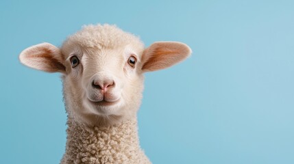Fototapeta premium Cute lamb portrait against a blue background. Possible use stock photography