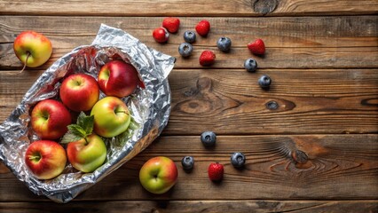 Unrolled aluminum foil on a rustic wooden table with a few scattered apples and a small bowl of fresh berries, nature, wood