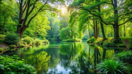 A tranquil scene of a serene pond nestled amidst lush green foliage with towering trees and vibrant plant life , forest