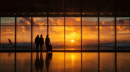 Silhouette of Travelers Watching Sunset at Airport Terminal Window