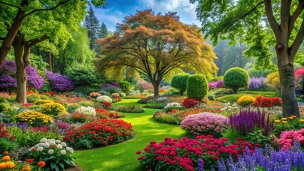 Obraz premium Vibrant garden with colorful flowers surrounded by lush greenery and towering trees, showcasing a kaleidoscope of hues and textures in perfect harmony, verdant, nature