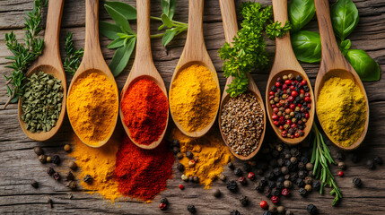 A row of wooden spoons with various spices on them